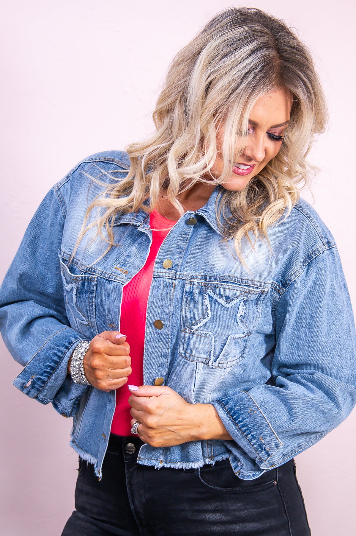 Let Your Light Shine Before Others Denim Solid Frayed Star Cropped Jacket - O5380DN