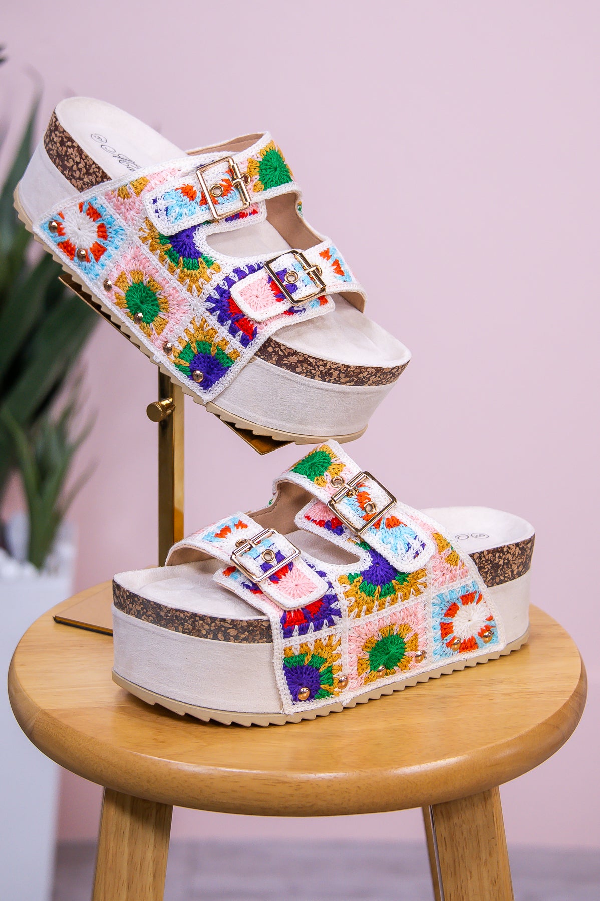Always On The Move Beige Multi Color Suede Crochet Platform Sandals SHO2720BG