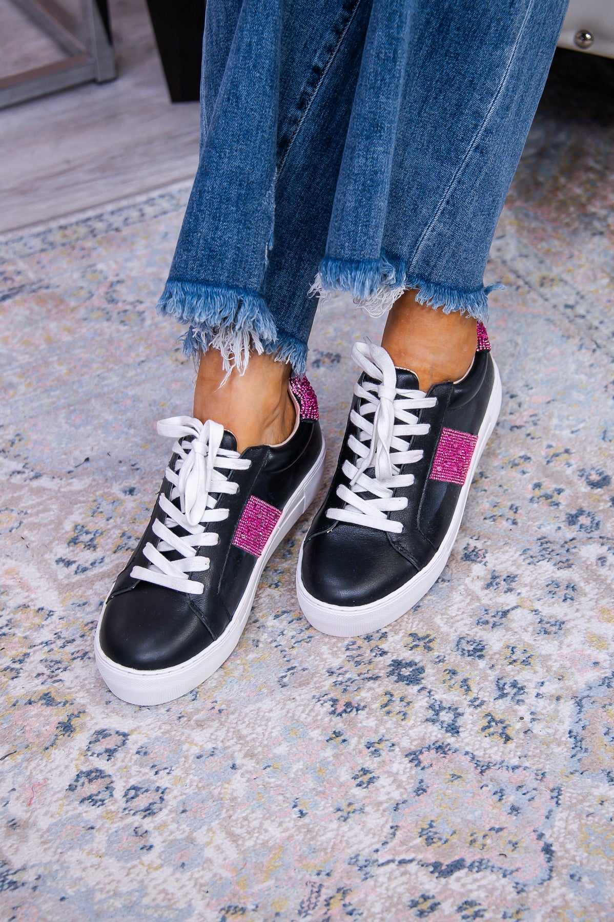 Forever Flashy Fuchsia/Black Leather Bling Sneakers - SHO2611BK