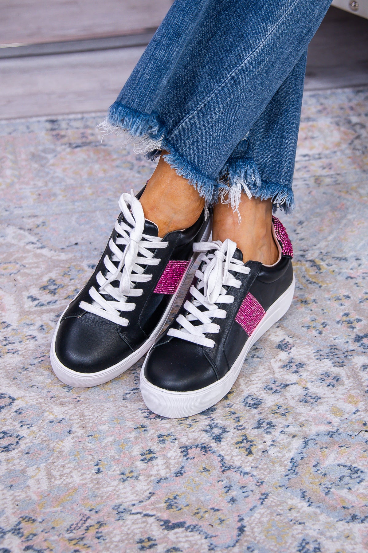 Forever Flashy Fuchsia/Black Leather Bling Sneakers - SHO2611BK