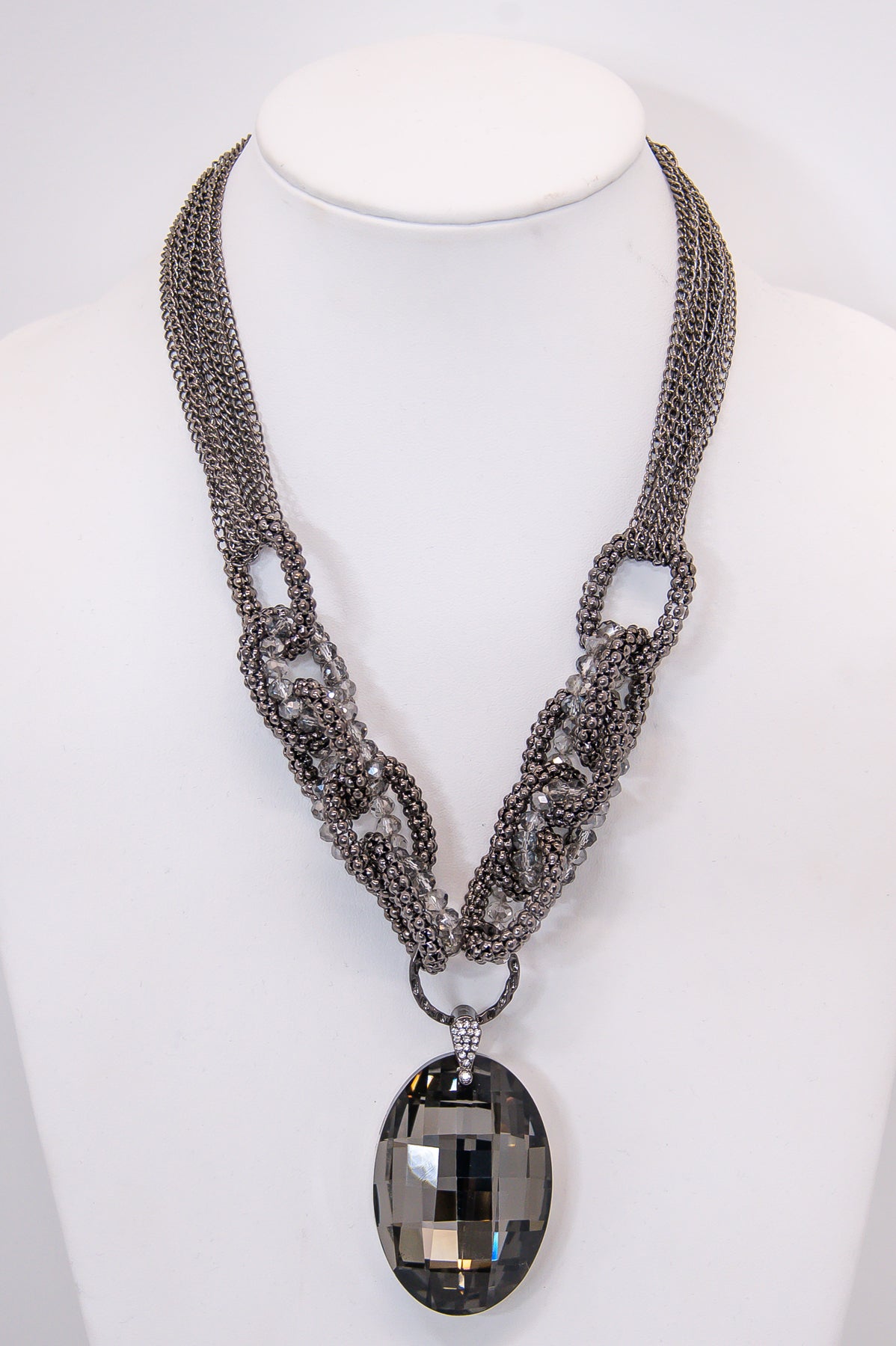 Pewter/Black Chain Link Glass Pendant Necklace - NEK4287PW