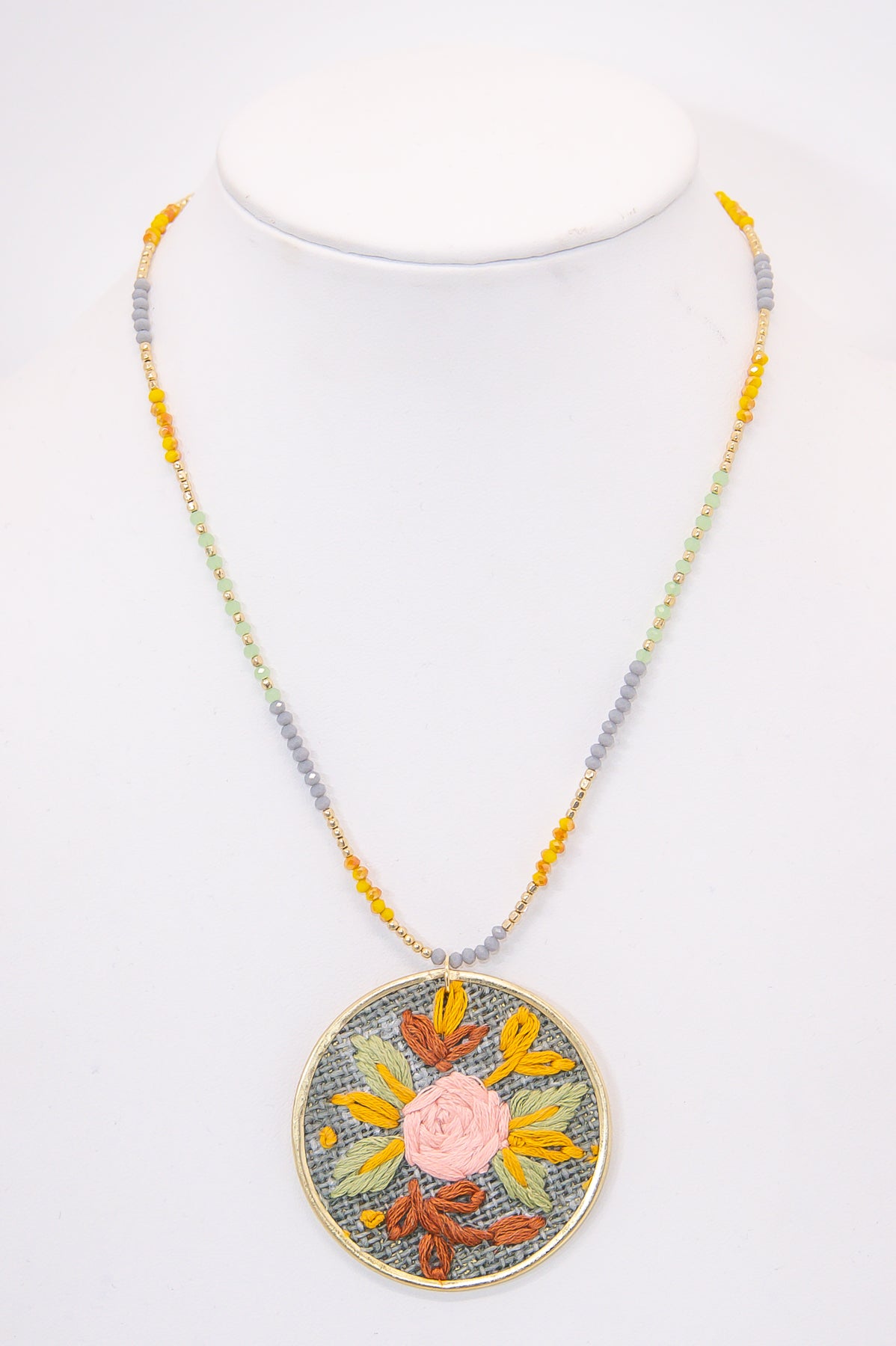 Gray/Multi Color Floral Cross Stitch Round Pendant Necklace - NEK4296GR