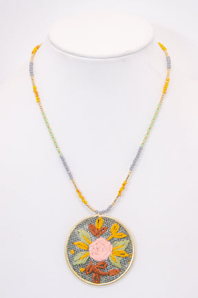 Gray/Multi Color Floral Cross Stitch Round Pendant Necklace - NEK4296GR