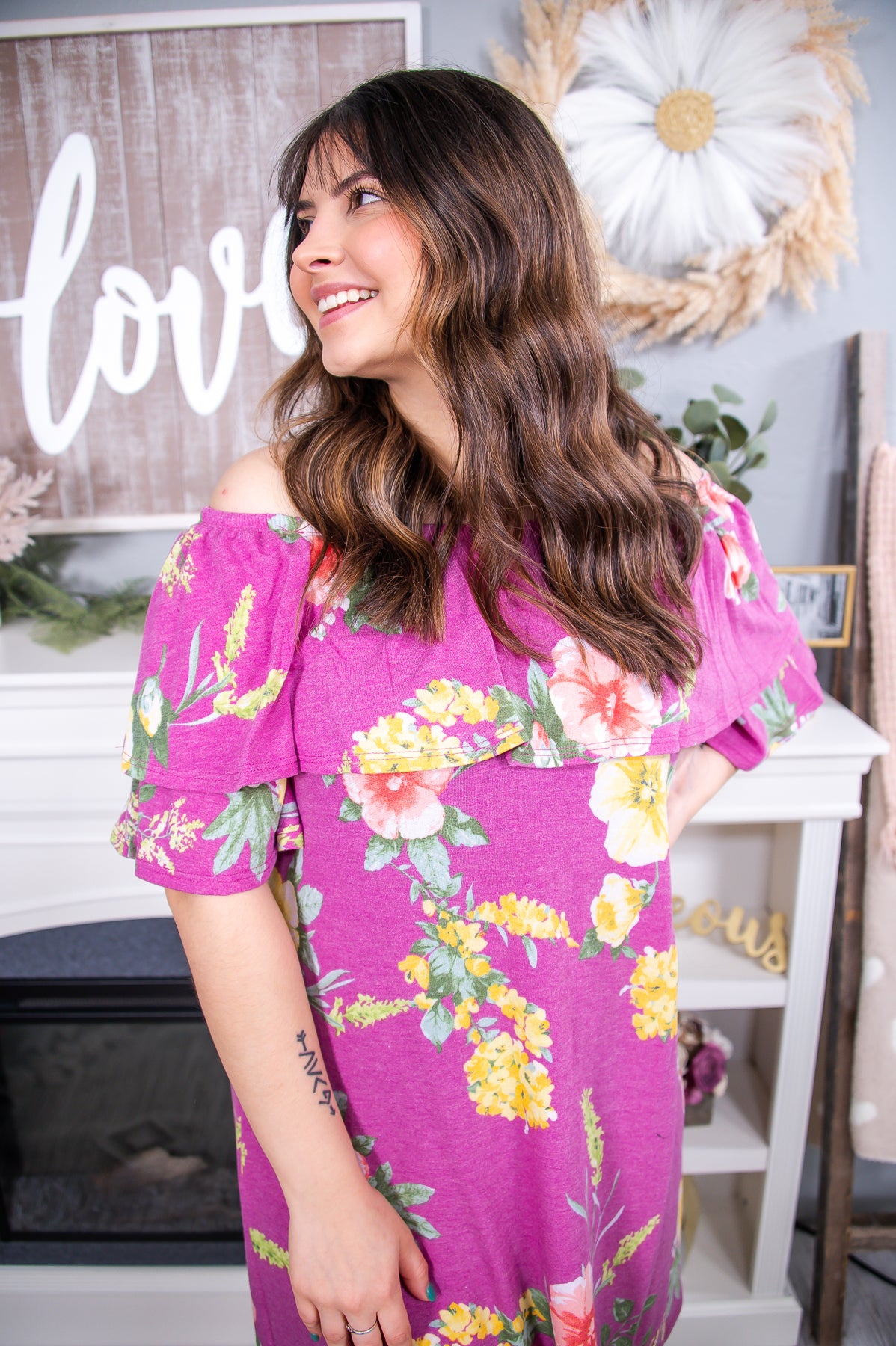 Country Gal Heather Purple/Multi Color Floral Off The Shoulder Dress - D4792HPU