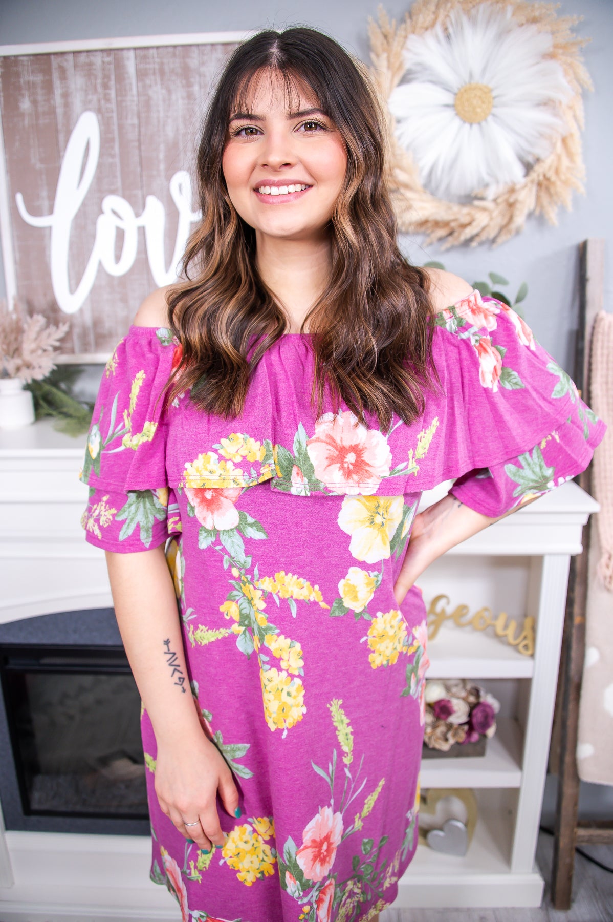 Country Gal Heather Purple/Multi Color Floral Off The Shoulder Dress - D4792HPU