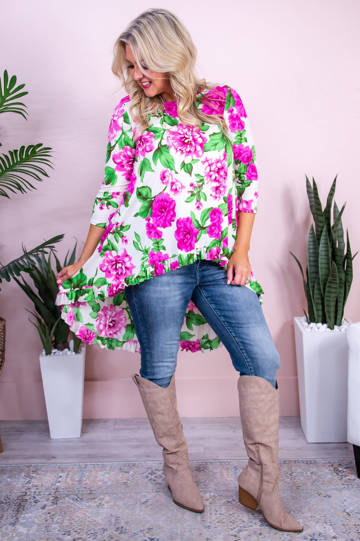 Live Simply Bloom Wildly Ivory/Multi Color Floral High-Low Tunic - T10003IV