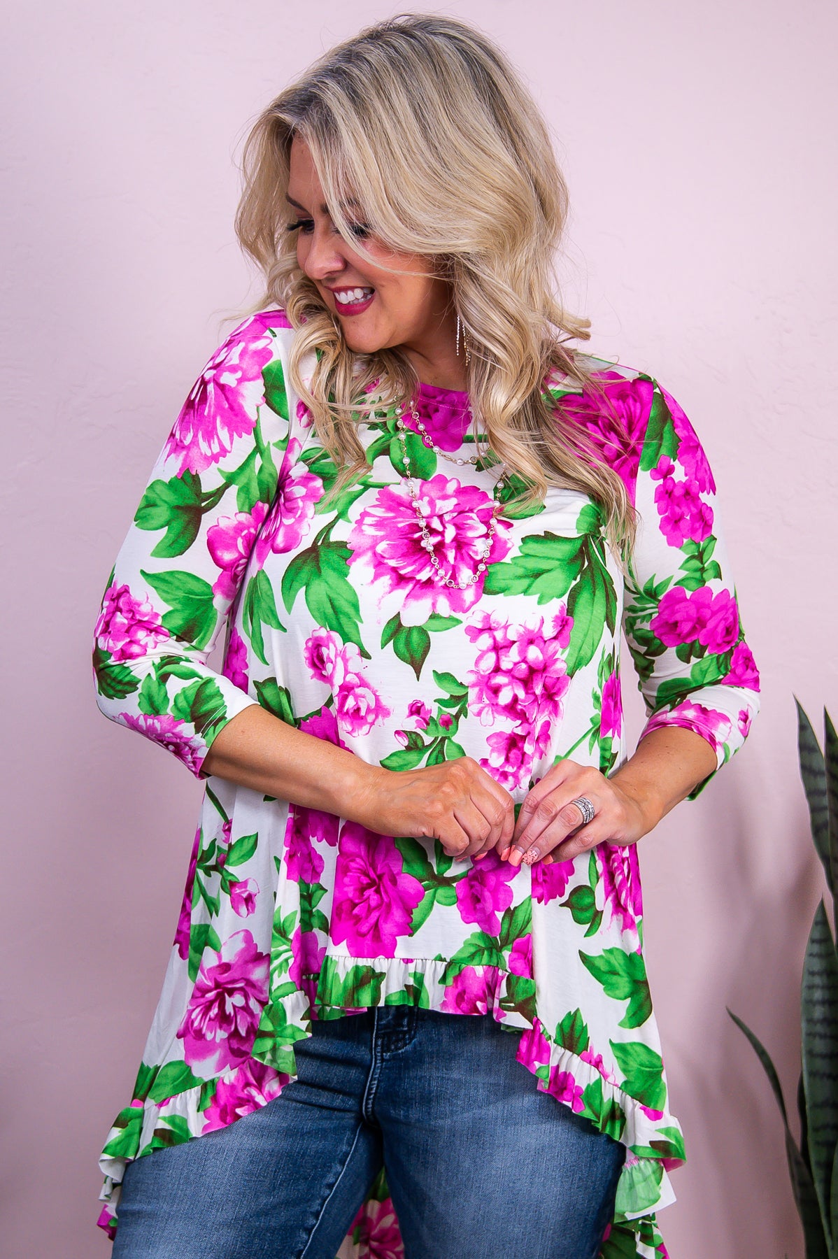 Live Simply Bloom Wildly Ivory/Multi Color Floral High-Low Tunic - T10003IV