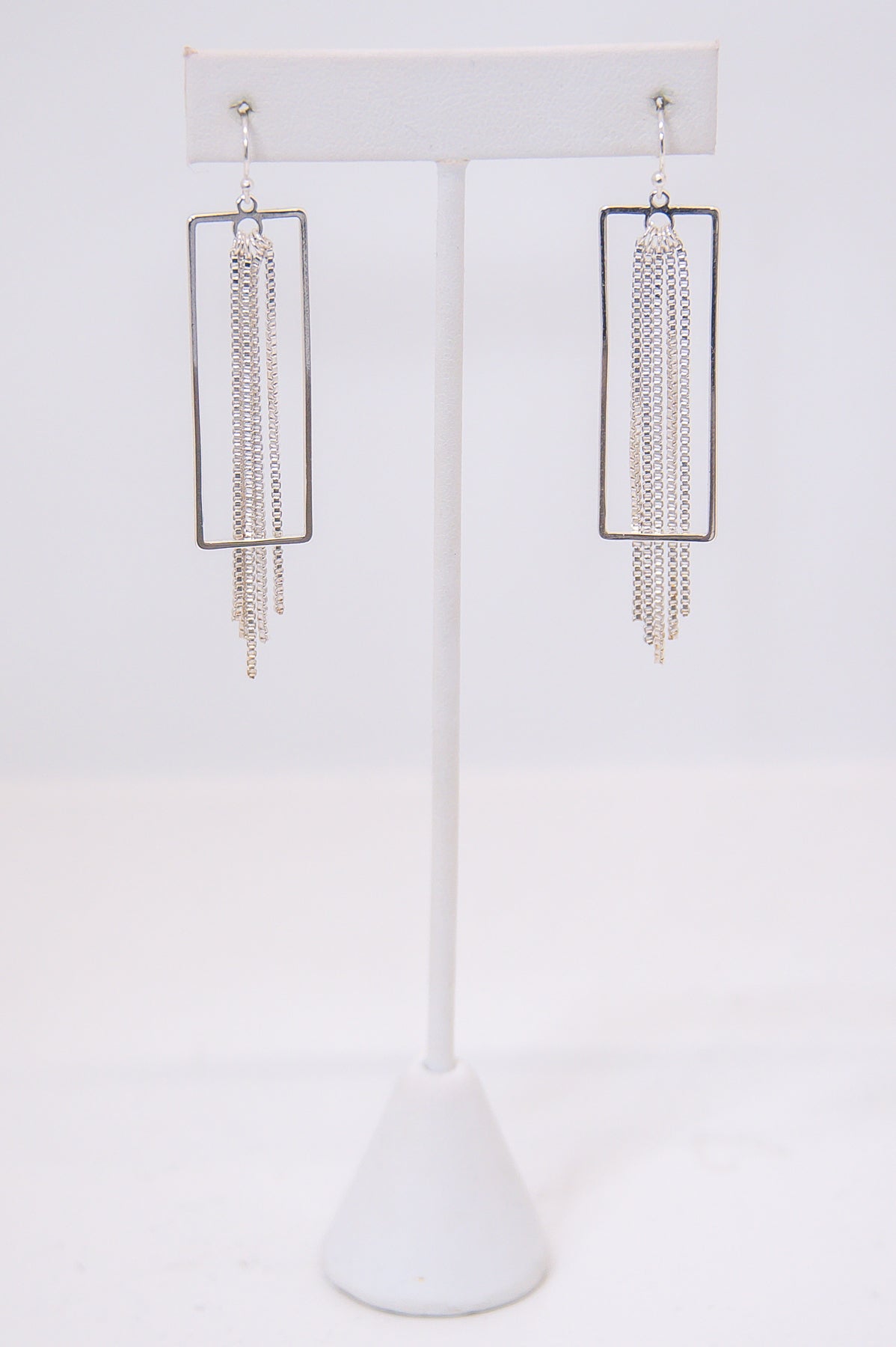 Silver Rectangle Tassel Drop Earrings - EAR4276SI