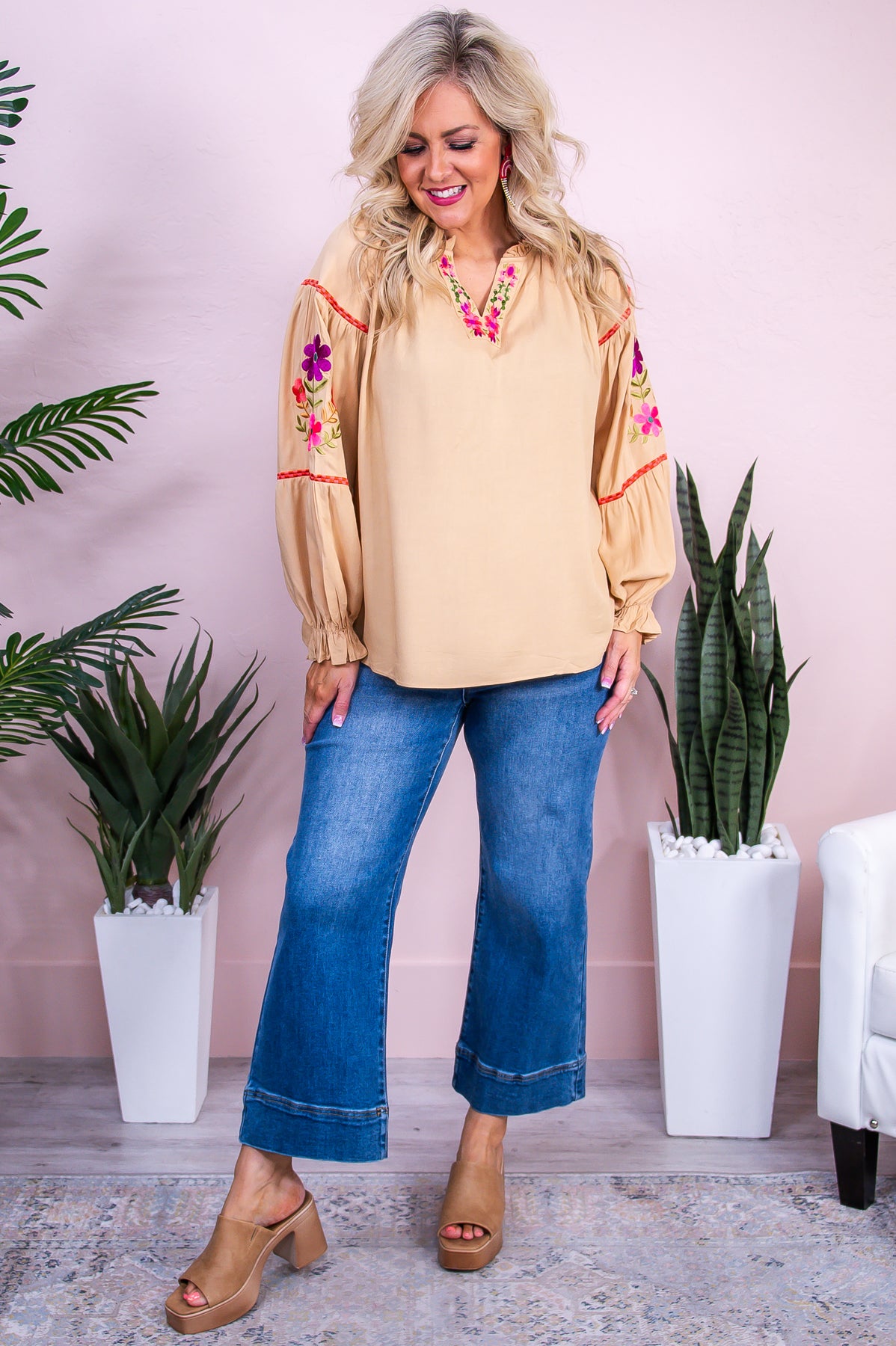 Feeling Social Camel/Multi Color Floral Embroidered Top - T10081CA
