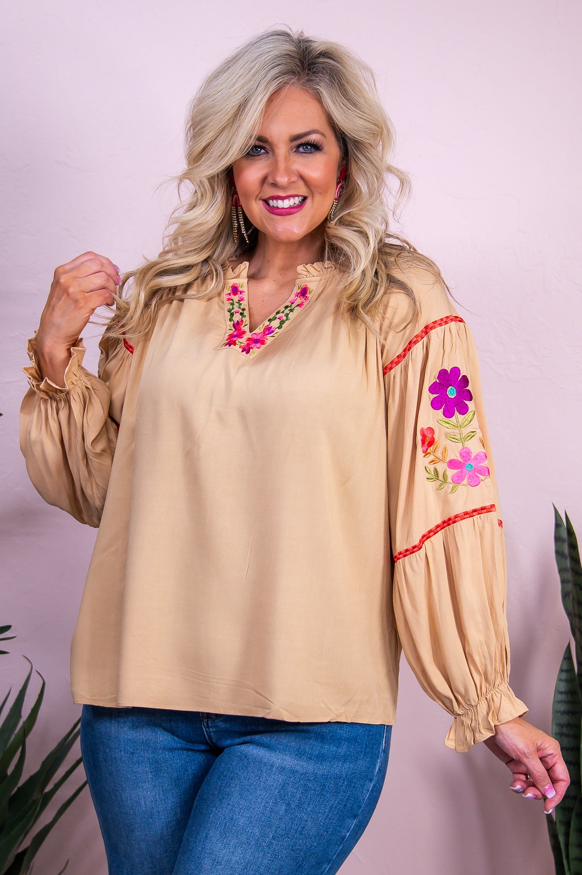 Feeling Social Camel/Multi Color Floral Embroidered Top - T10081CA