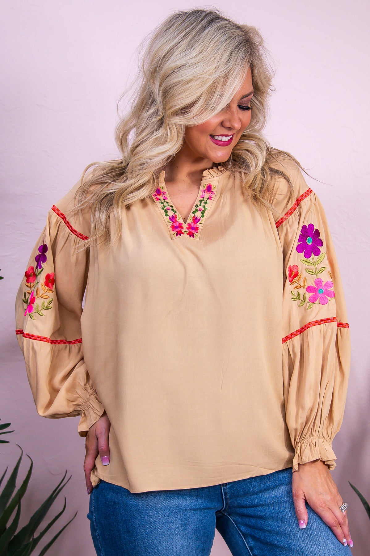 Feeling Social Camel/Multi Color Floral Embroidered Top - T10081CA