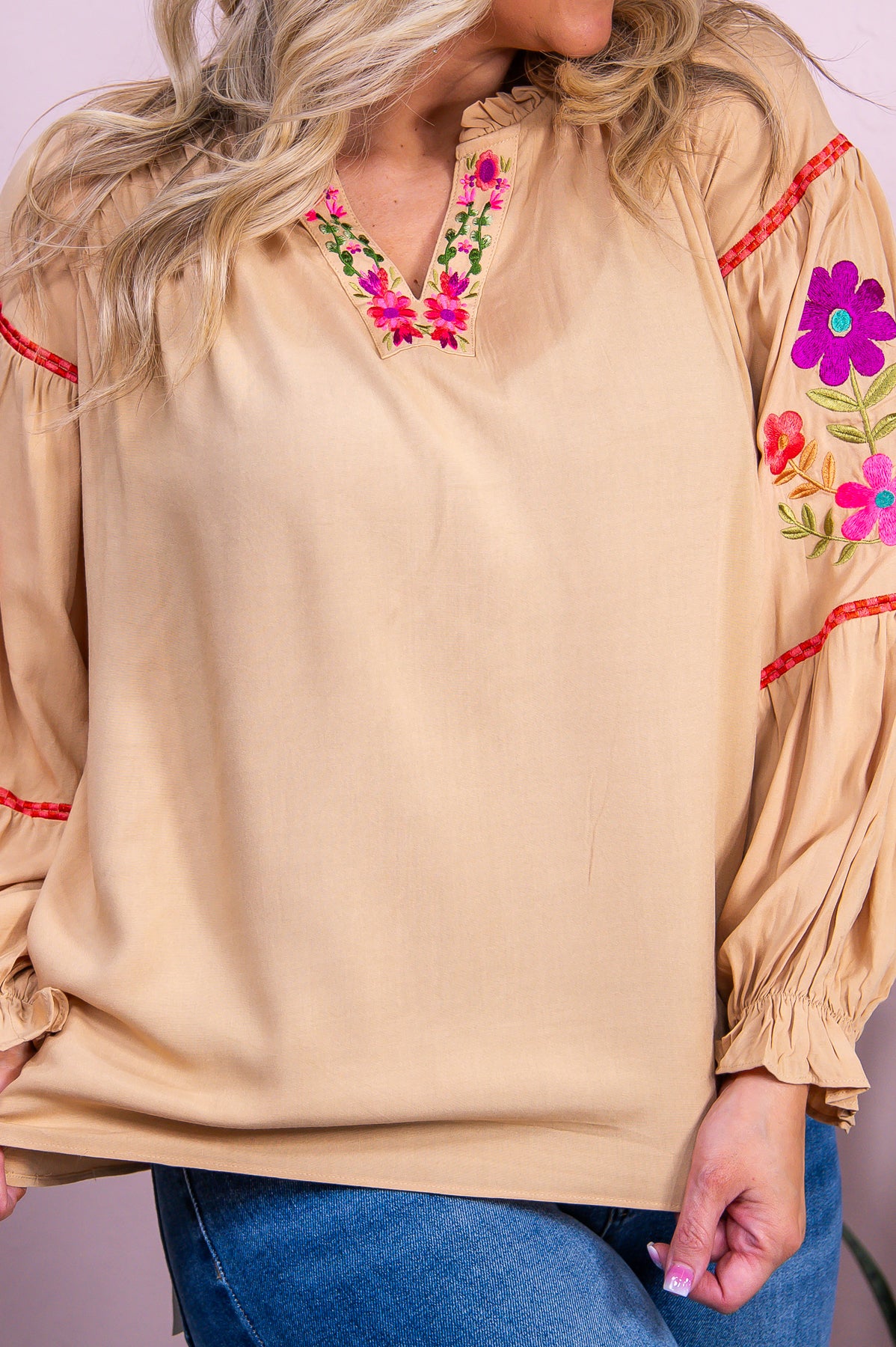 Feeling Social Camel/Multi Color Floral Embroidered Top - T10081CA