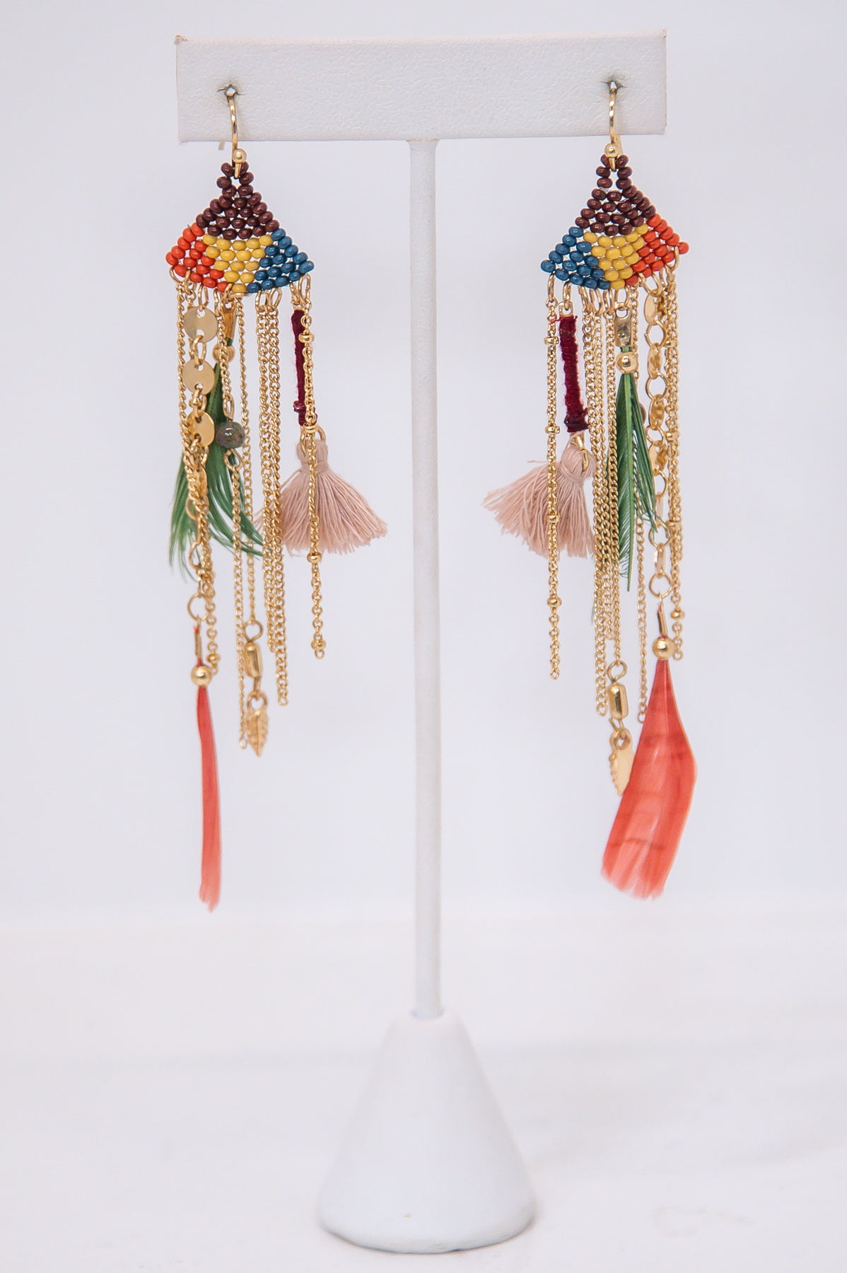 Multi Color Seed Bead/Feather/Tassel Drop Earrings - EAR4271MU