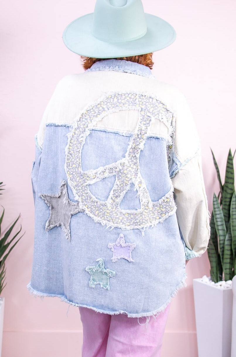 So Many Possibilities Blue/Multi Color Floral/Star/Peace Sign Frayed Denim Jacket - O5387BL