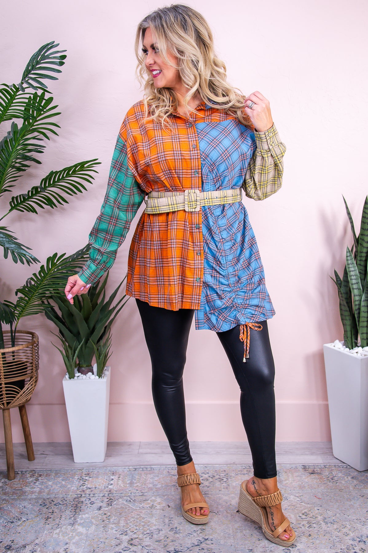 Vintage Vibing Orange/Multi Color Plaid Ruched Tunic - T9242OR