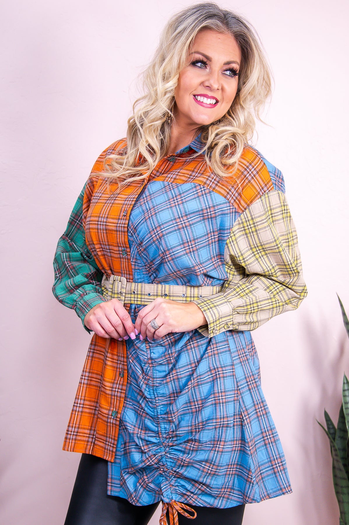 Vintage Vibing Orange/Multi Color Plaid Ruched Tunic - T9242OR