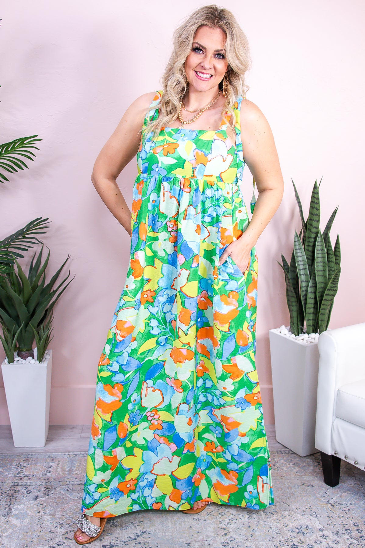 Taking A Stroll Through Gardens Green/Multi Color Floral Maxi Dress - D5226GN