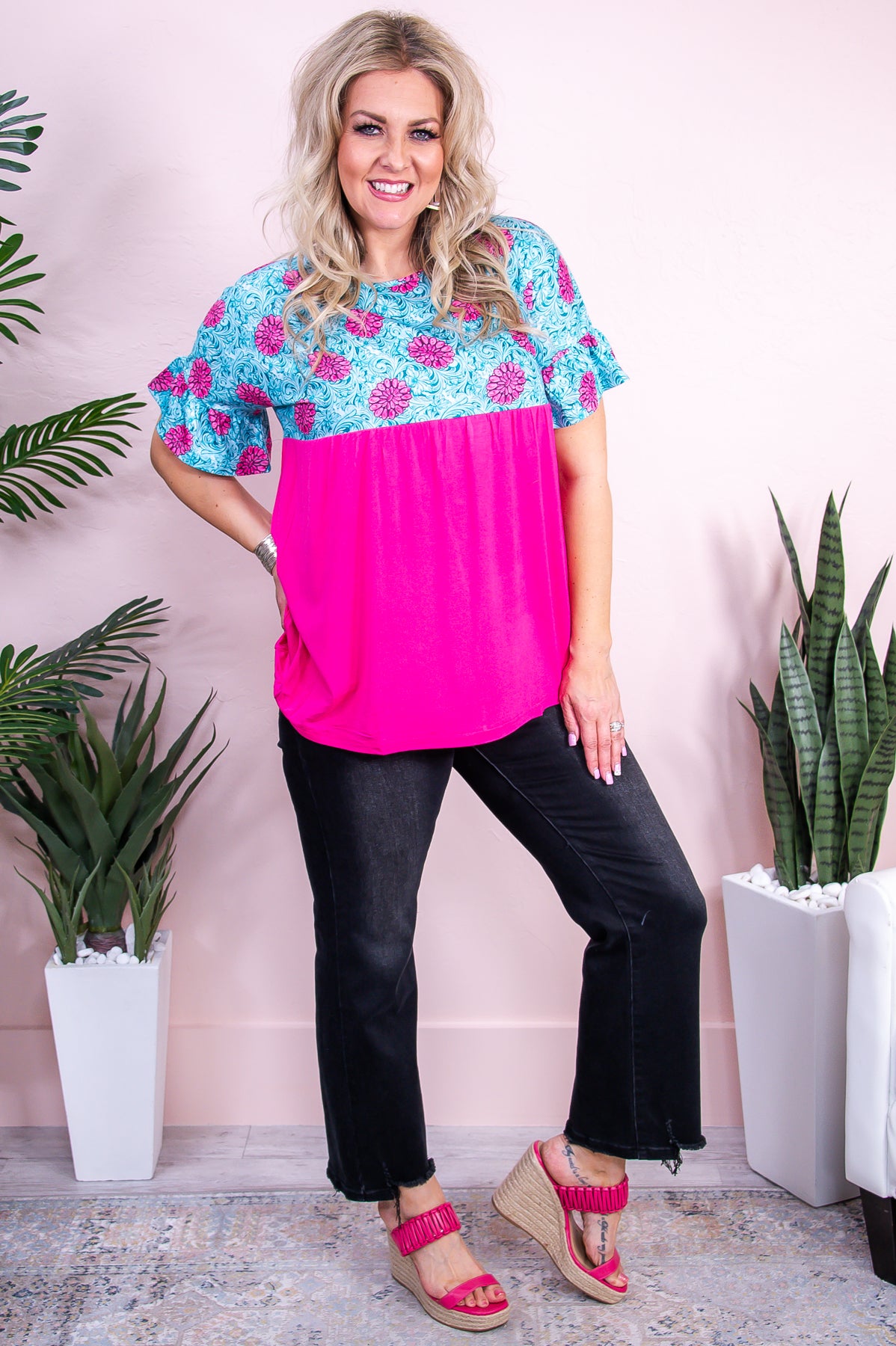 Unstoppable Energy Turquoise/Fuchsia Printed Top - T9281TU