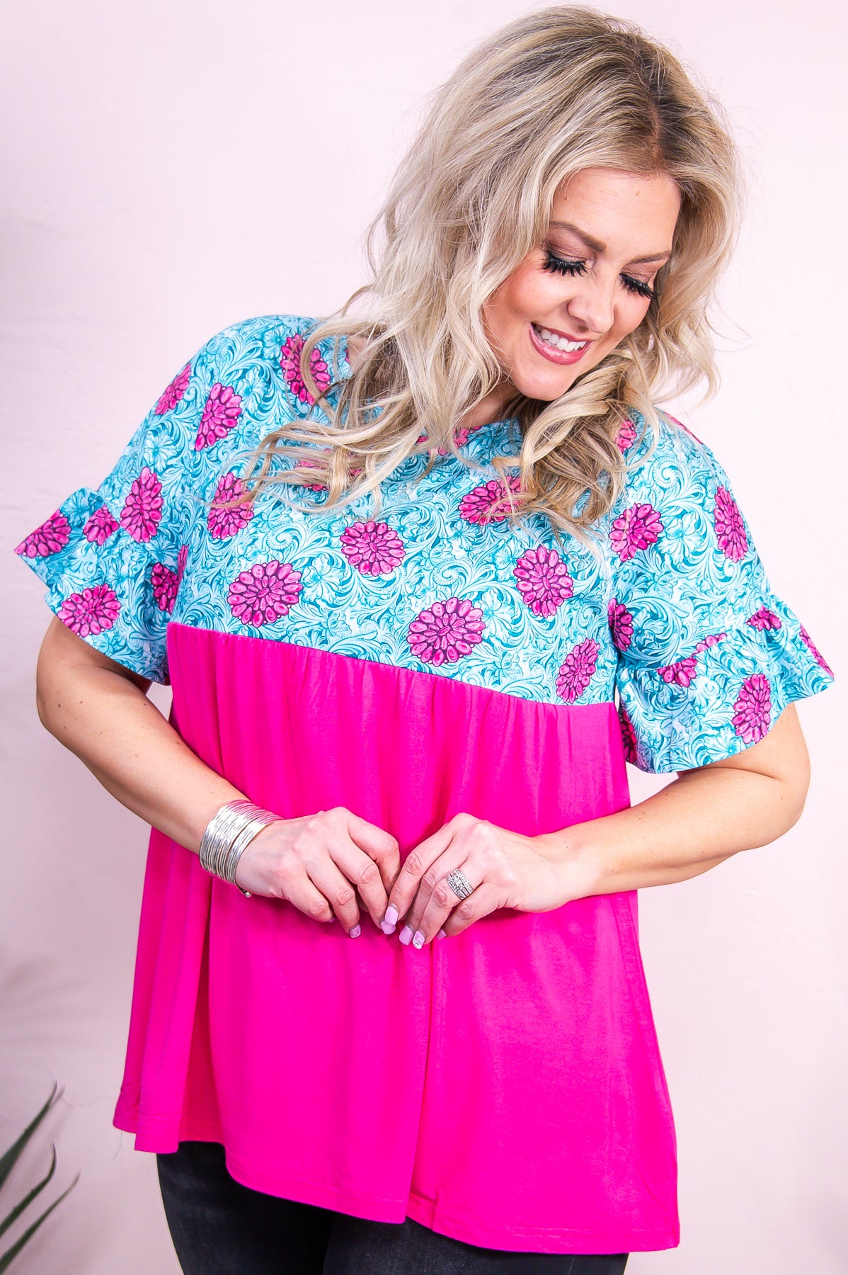 Unstoppable Energy Turquoise/Fuchsia Printed Top - T9281TU