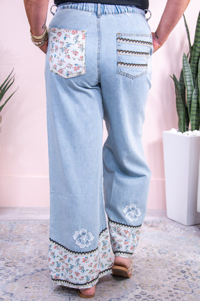 Be A Wildflower Light Denim Floral Embroidered Patchwork Jeans - K1131DN