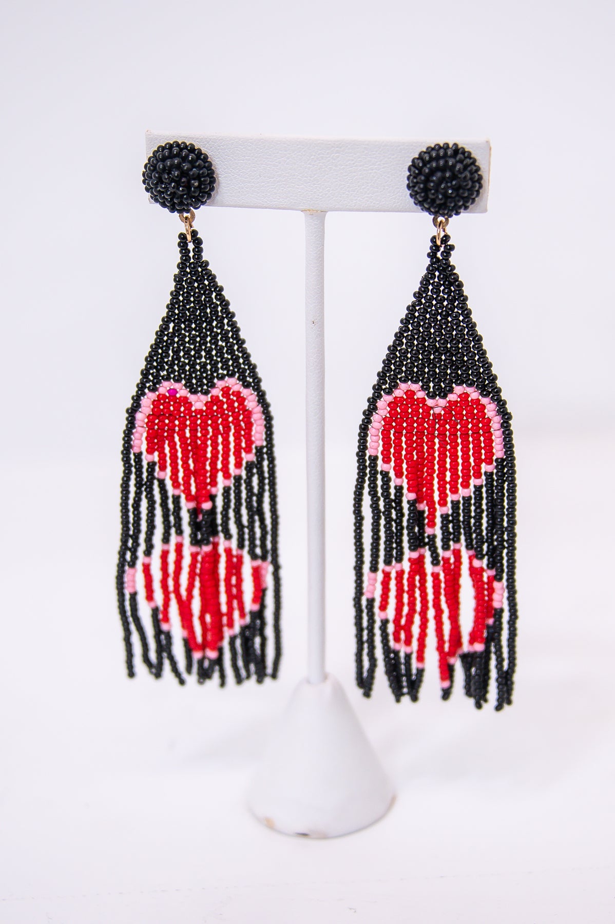 Black/Multi Color Heart Seed Bead Tassel Drop Earrings - EAR4205BK