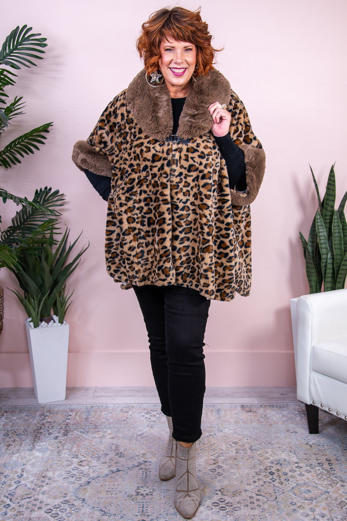 Embracing The Boujee Life Brown/Multi Color Printed Faux Fur Poncho - O5196BR