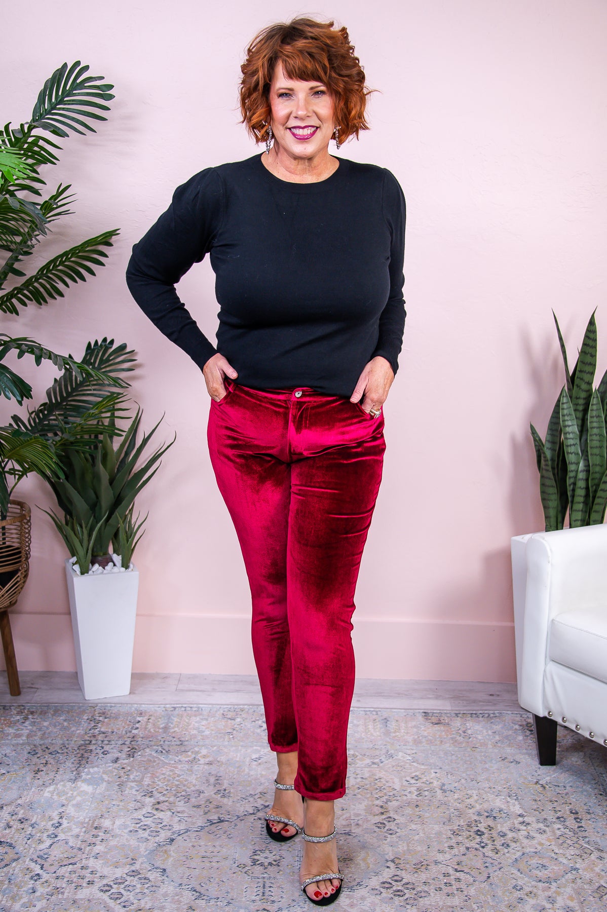 Classy But A Little Sassy Burgundy Solid Velvet Pants - PNT1541BU