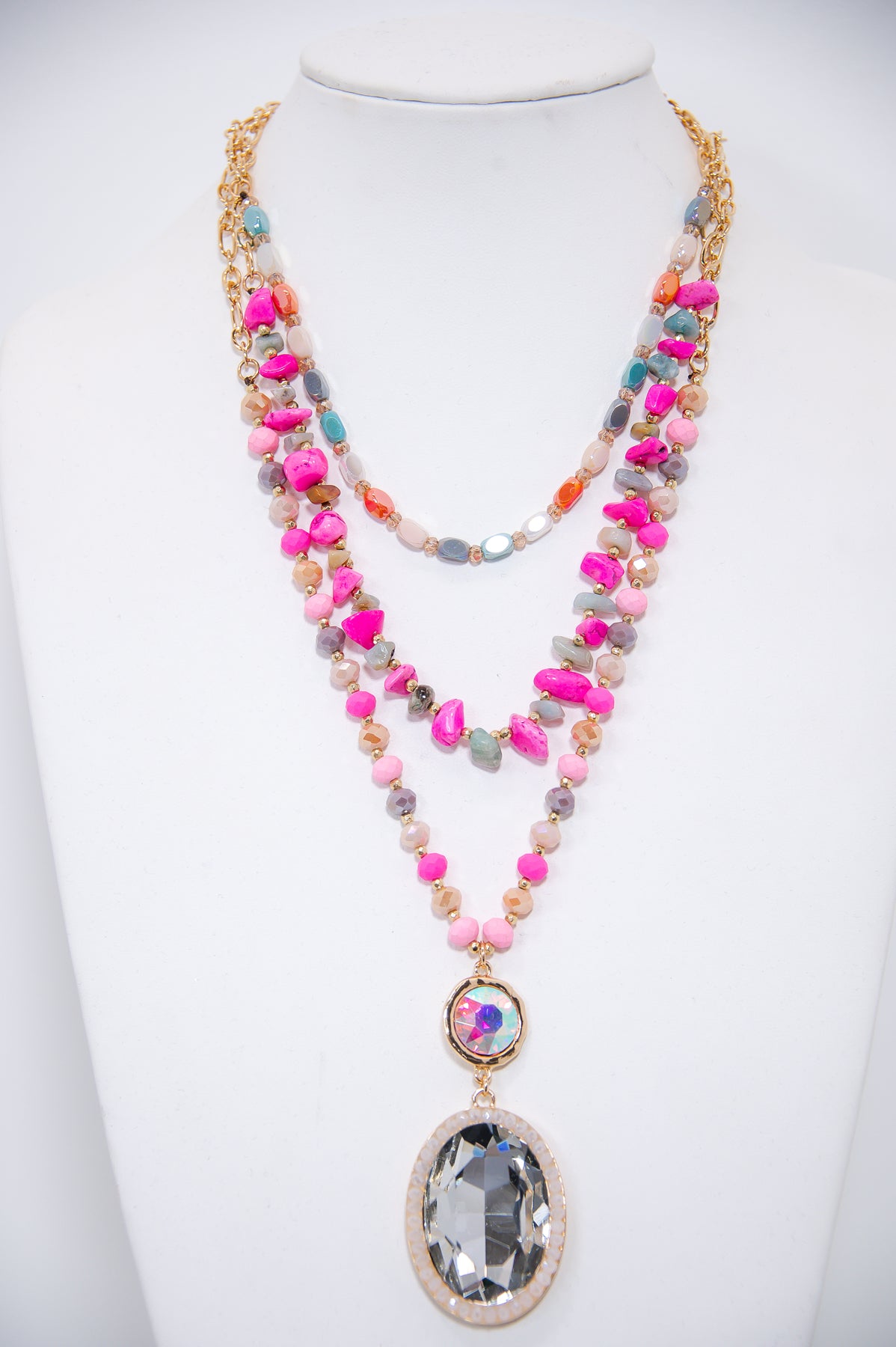Pink/Multi Color Stone/Bead Layered Pendant Necklace - NEK4302PK