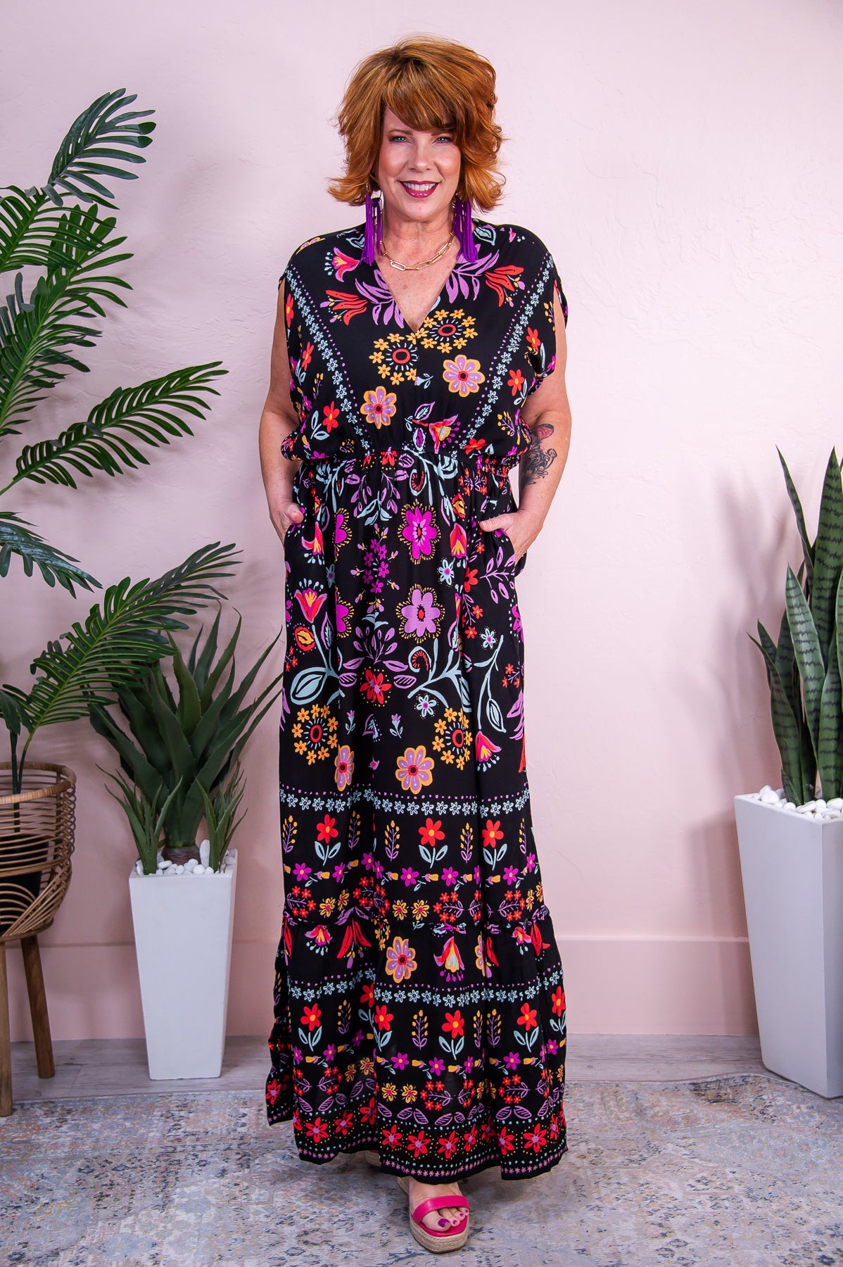 English Gardens Black/Multi Color Floral Maxi Dress - D5239BK