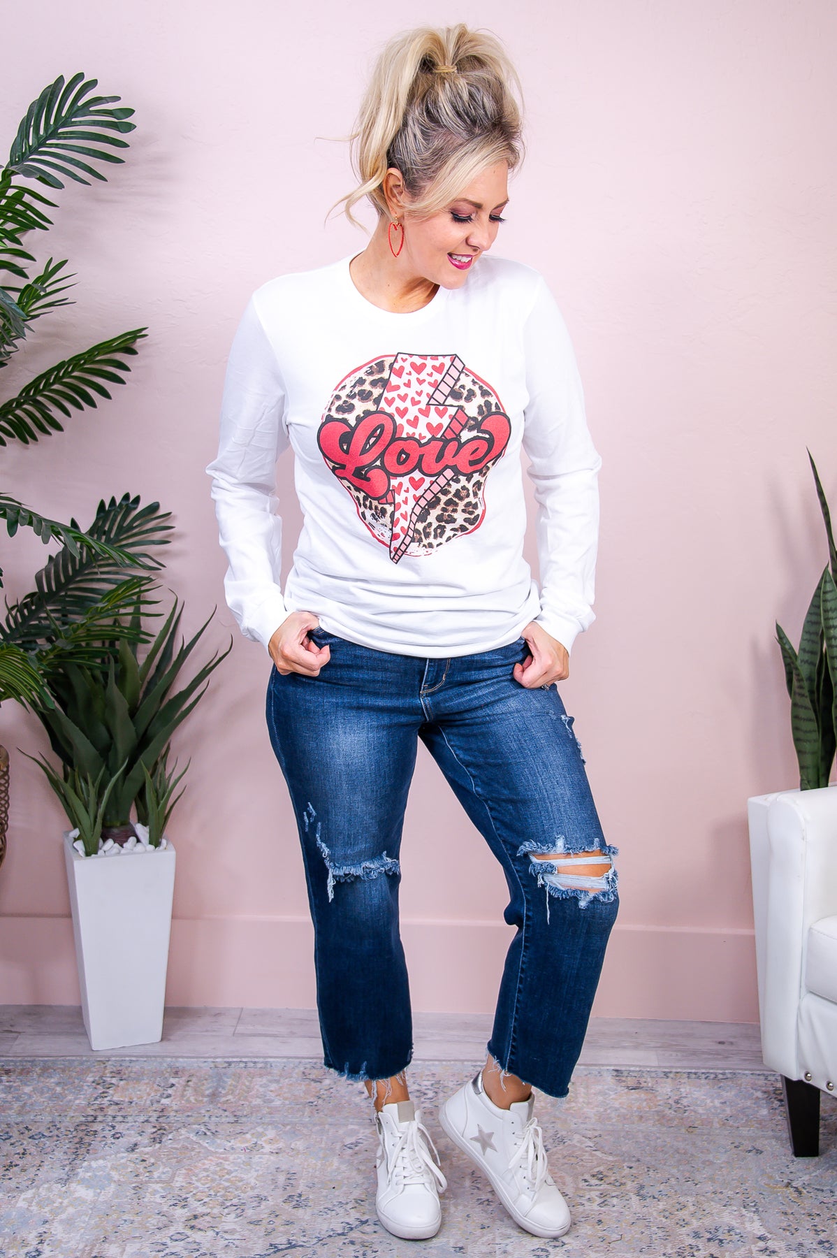 Electrifying Love White Long Sleeve Graphic Tee - A3114WH