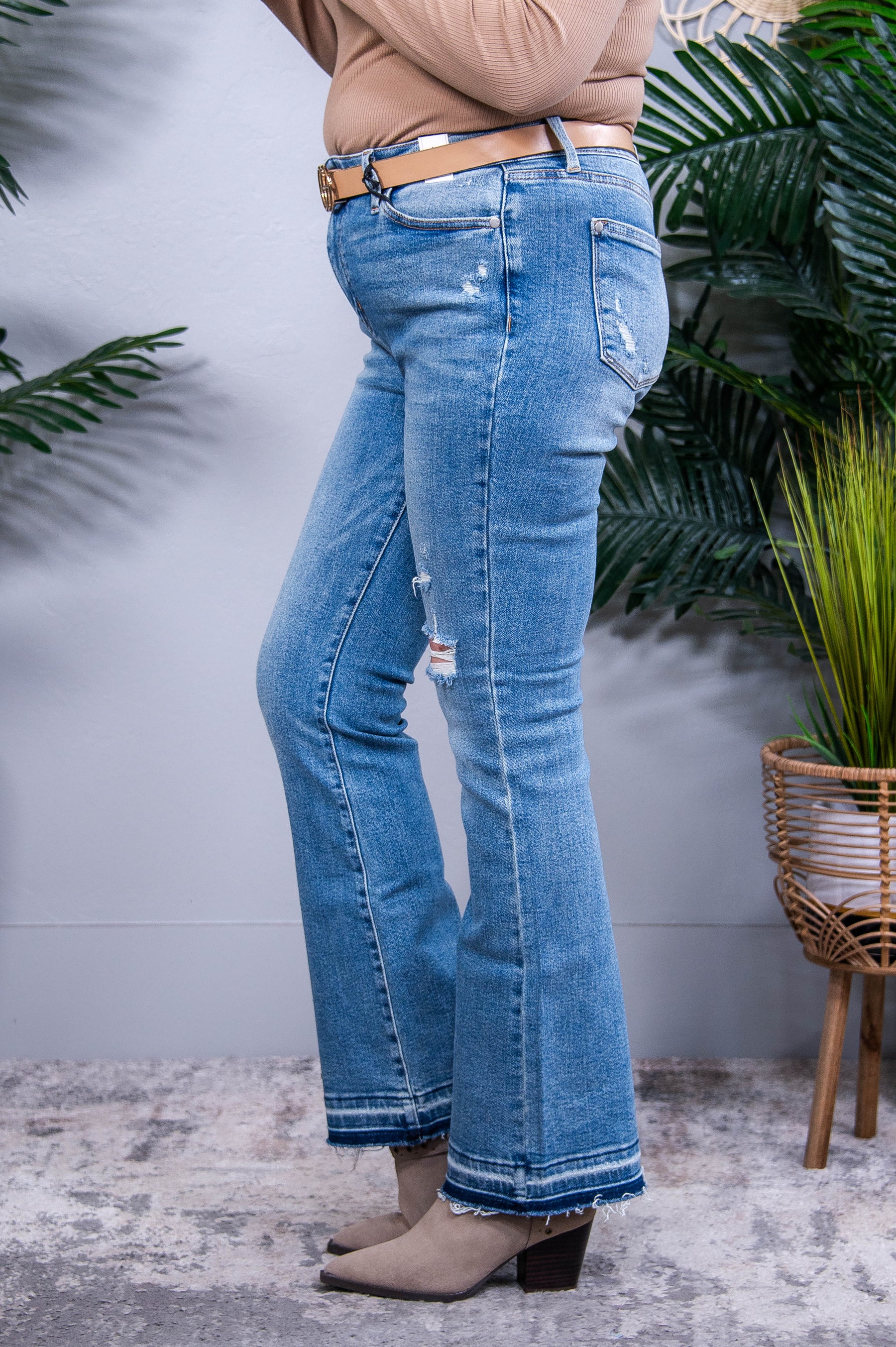Isla Mid Rise Distressed Released Hem Bootcut Jeans- K1336DN