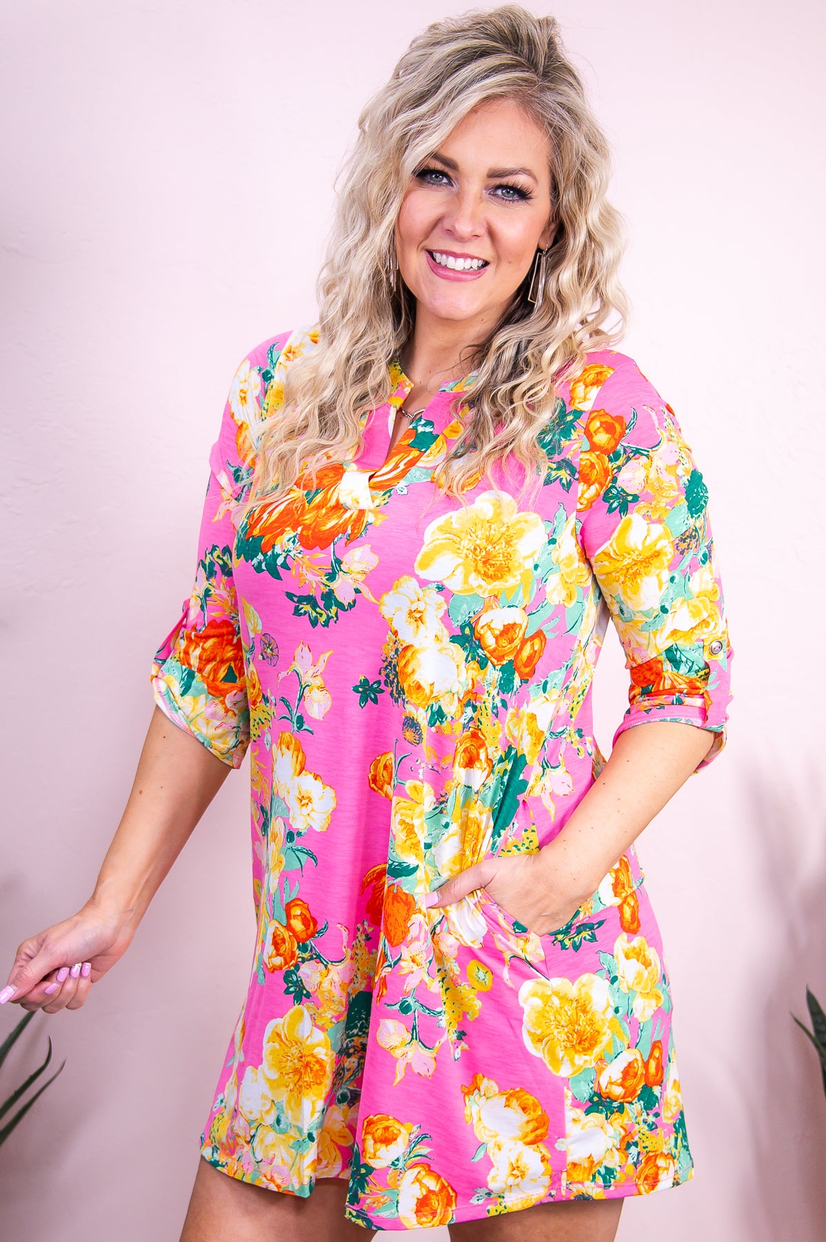 Hot Girl Approved Hot Pink/Yellow Floral Dress - D5255HPK