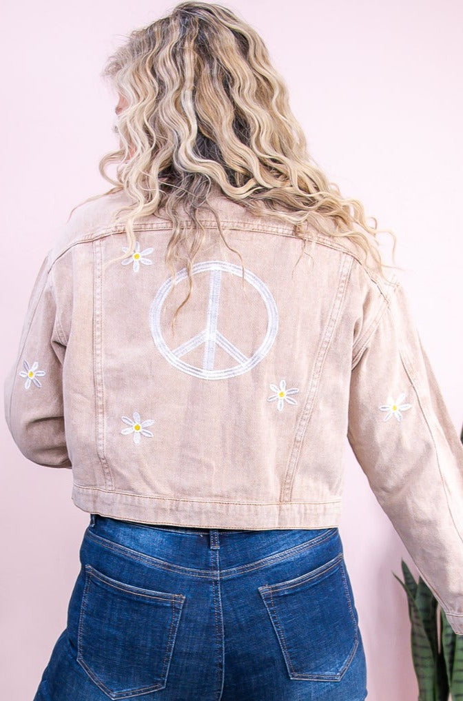 Everything Precious Light Brown/Ivory Peace Sign/Floral Embroidered Jacket - O5406LBR
