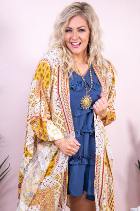 Give Me All The Details Mustard/Multi Color/Pattern Asymmetrical Kimono - O5401MS