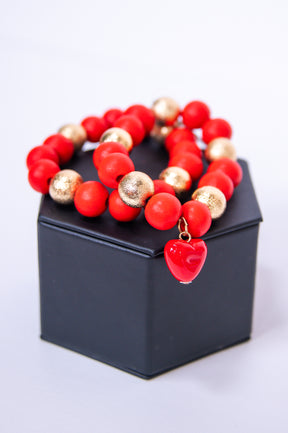 Red/Gold Beaded Heart Charm Stackable Bracelet - BRC3364RD