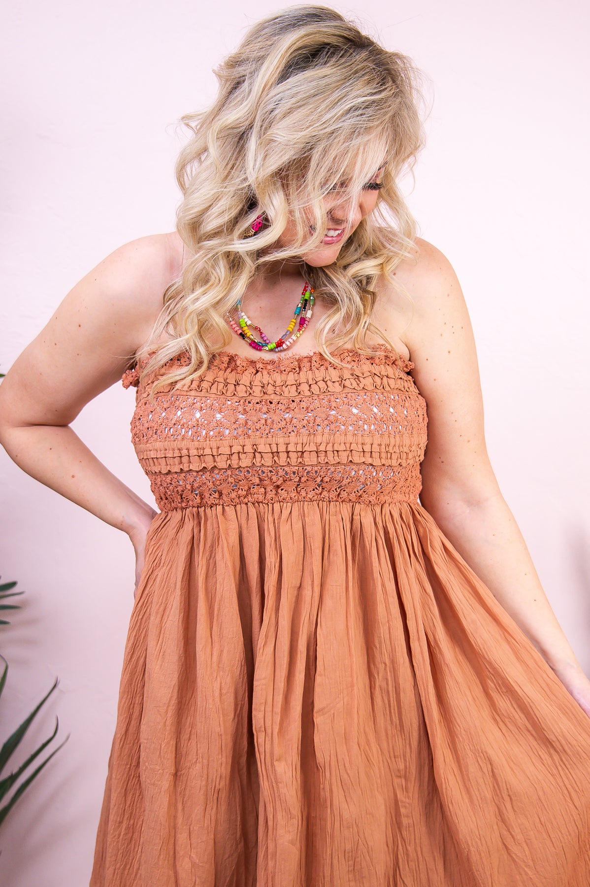 Summer Sunrise Dusty Rust Solid Crochet Dress - D5258DRU