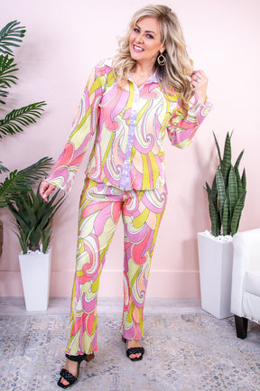 Groovy Gal Lime/Multi Color Printed Pleated Top/Pant (2-Piece Set) - T9398LM