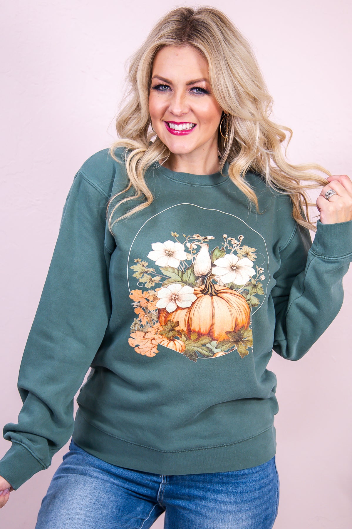 Gourd' Vibes Only Pigment Alpine Green Pumpkin Patch Graphic Sweatshirt - A2989PAG