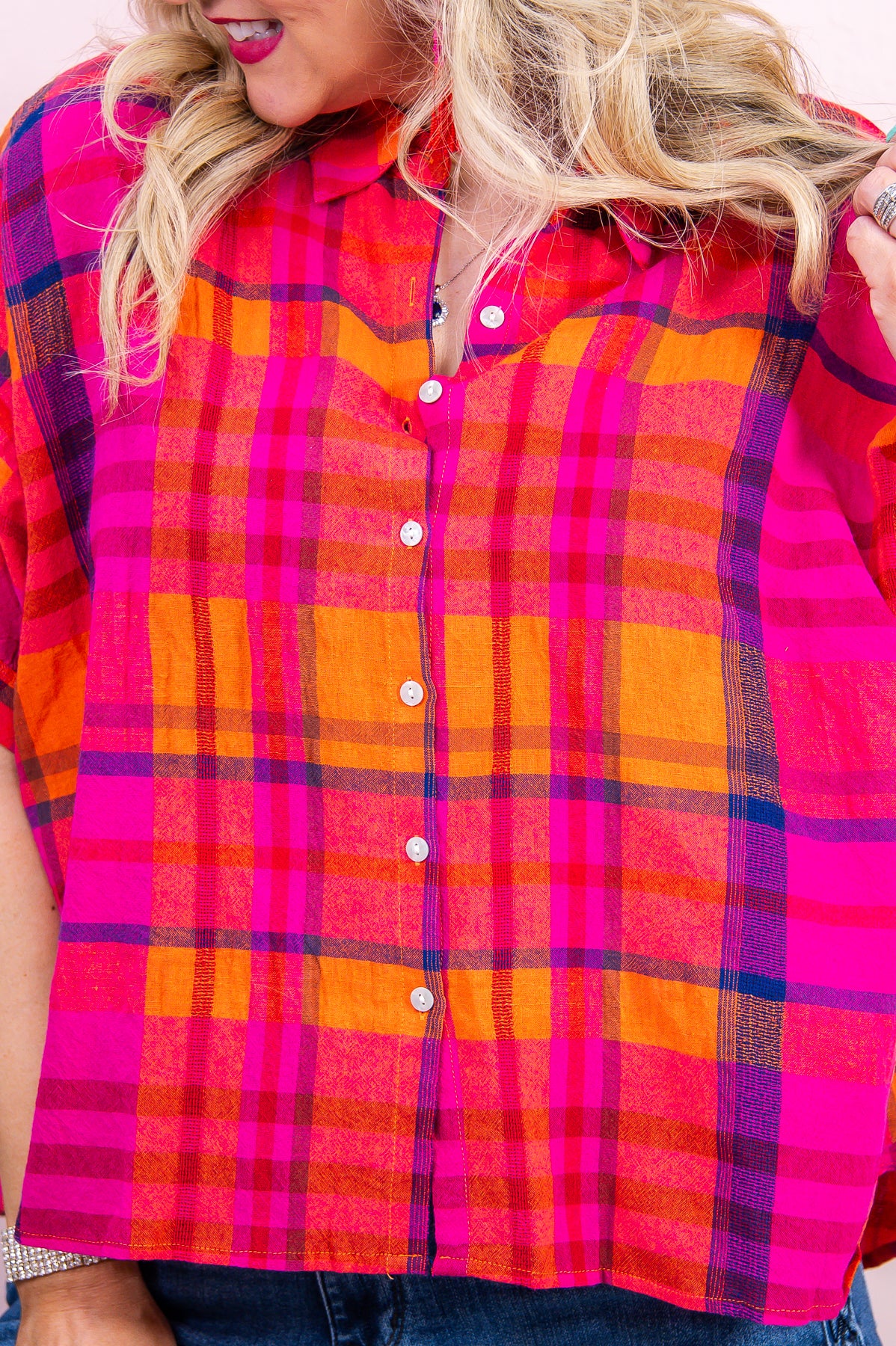 Life Is What You Make It Fuchsia/Multi Color Plaid High-Low Top - T9448FU
