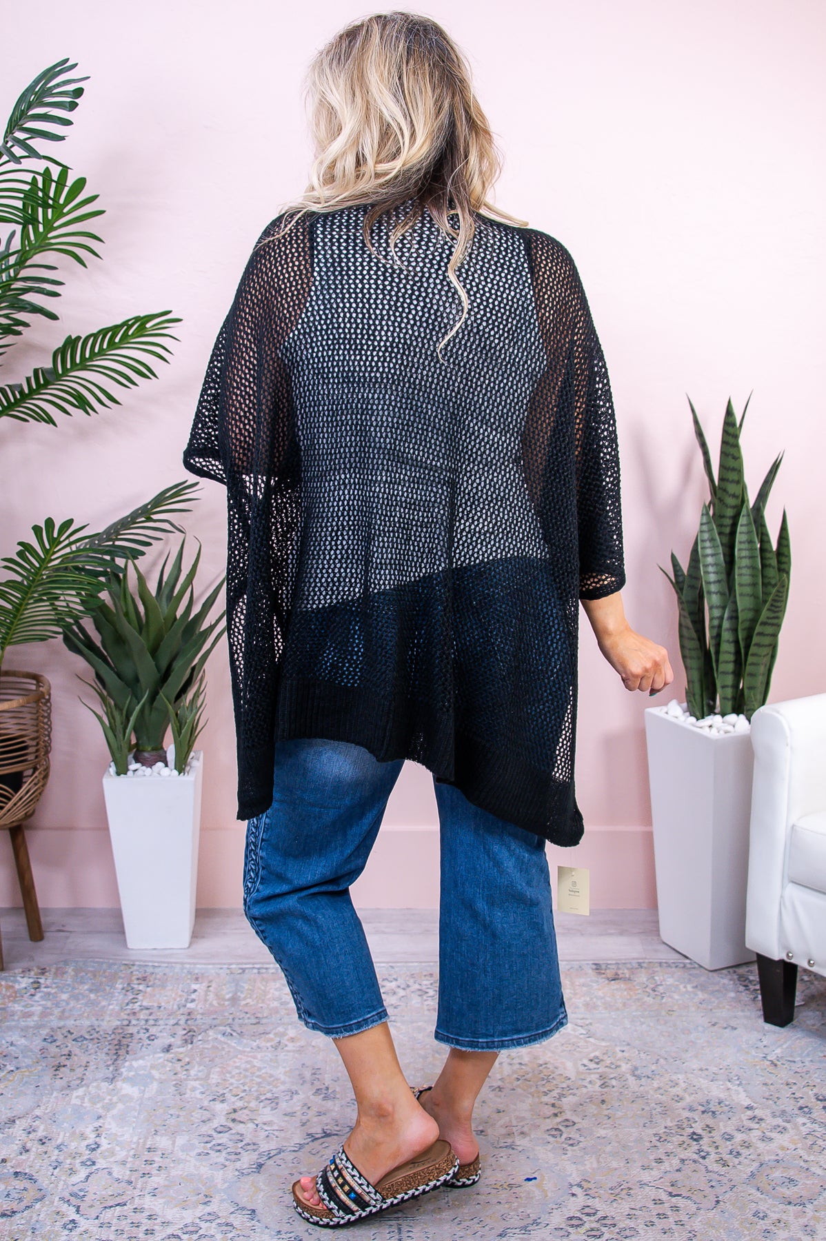 Beach Therapy Black Solid Knitted Asymmetrical Kimono (One Size 4-18) - O5413BK