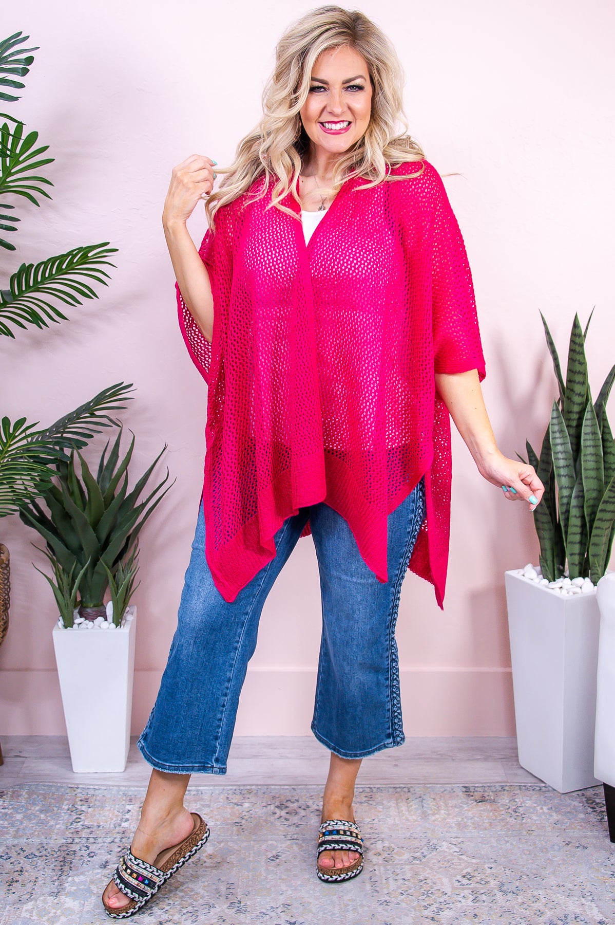 Beach Therapy Hot Pink Solid Knitted Asymmetrical Kimono (One Size 4-18) - O5412HPK