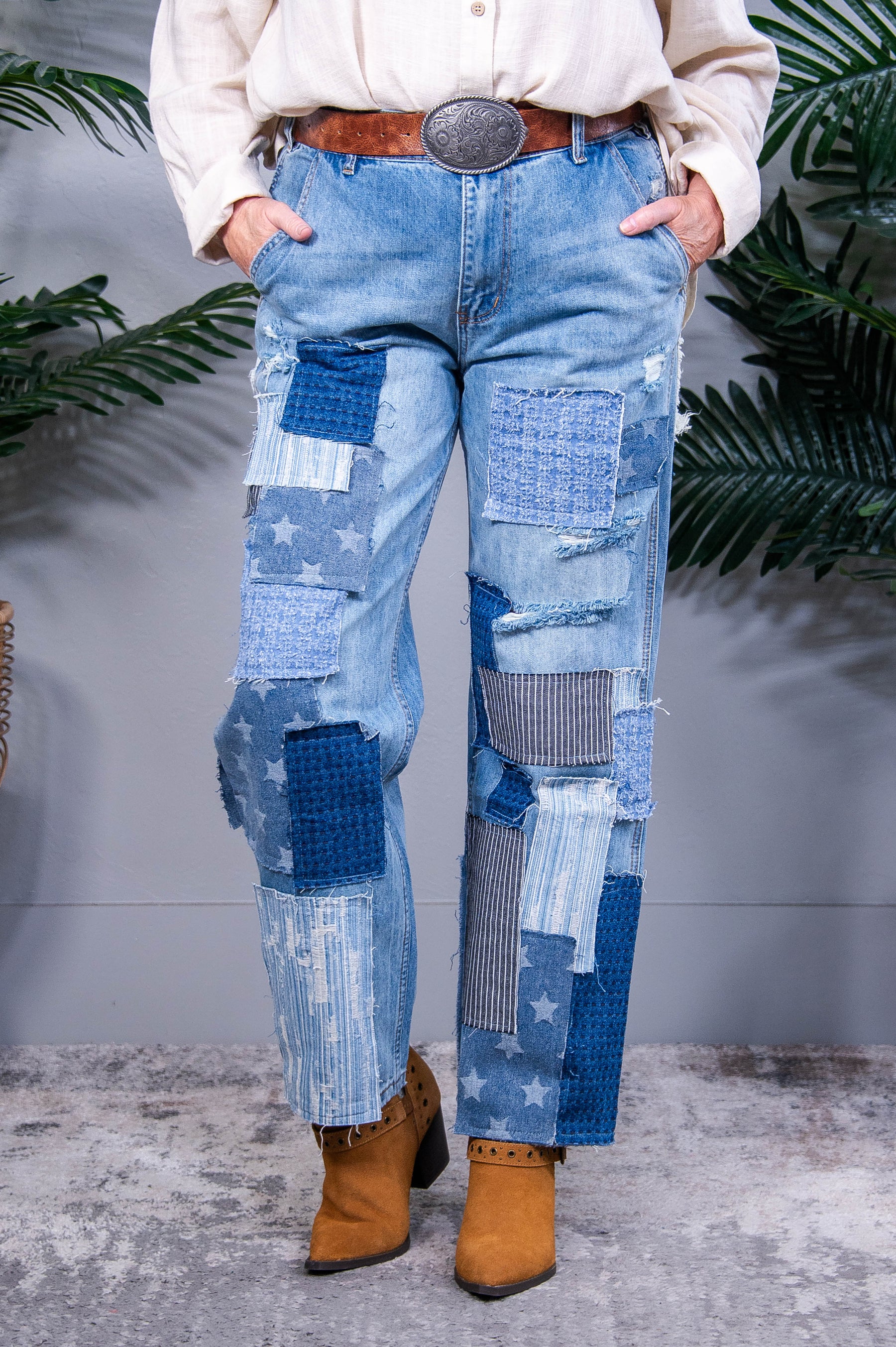 All Patched Up Medium Denim Patched Jeans - K1277DN