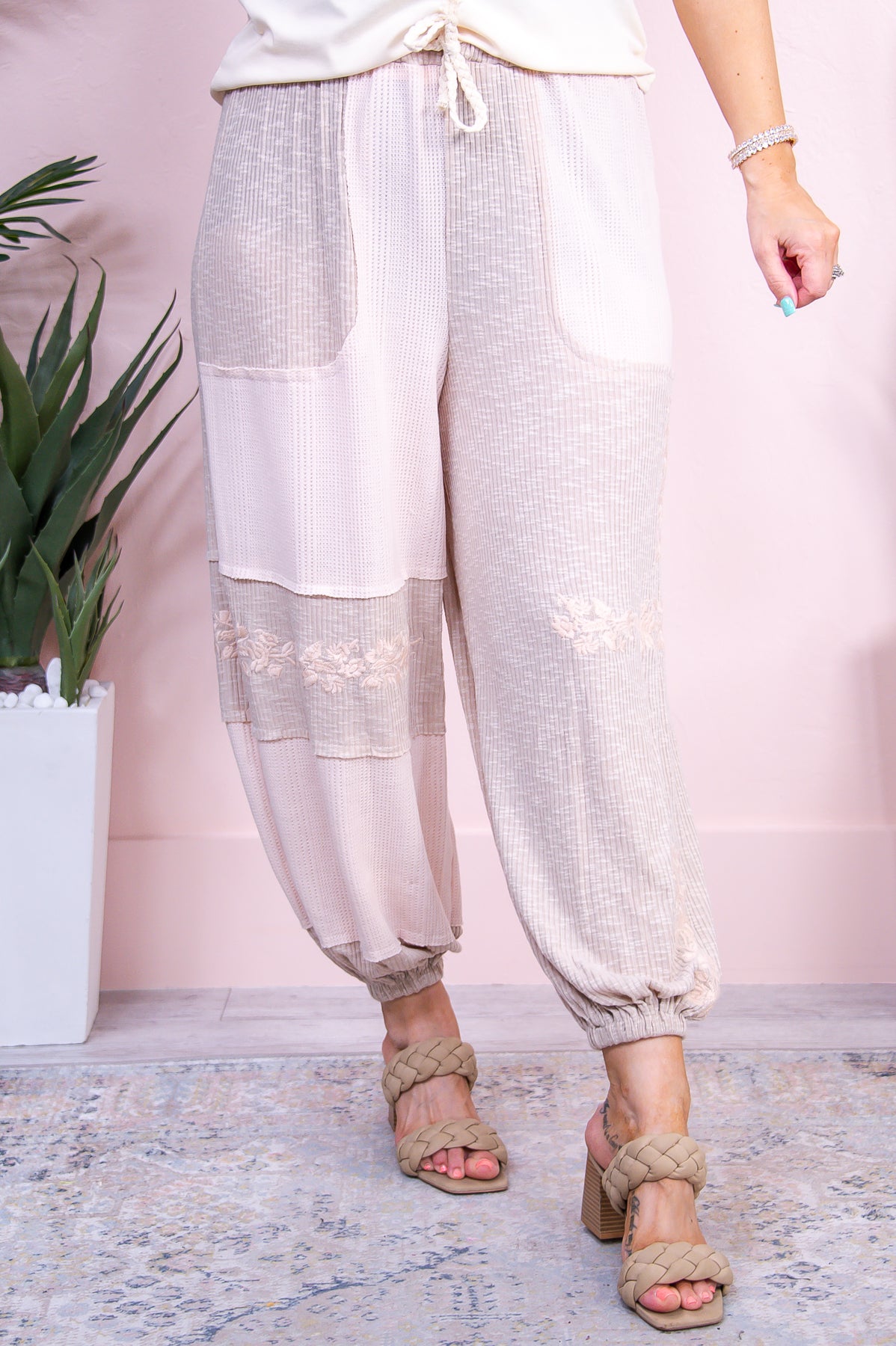 Sweetest Soul Beige Embroidered Joggers - PNT1610BG