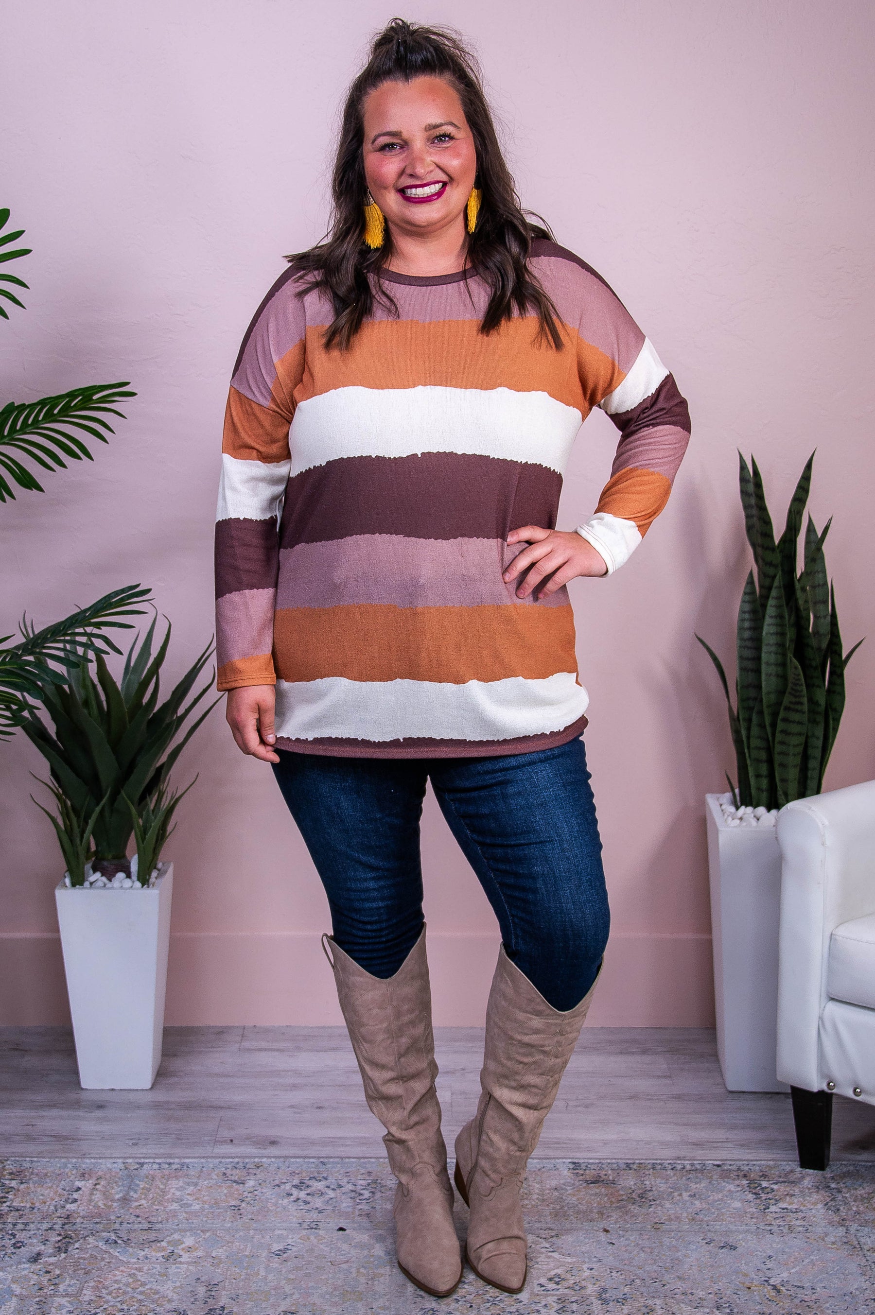 Expand Your Horizon Brown/Multi Color Striped Top - T10337BR