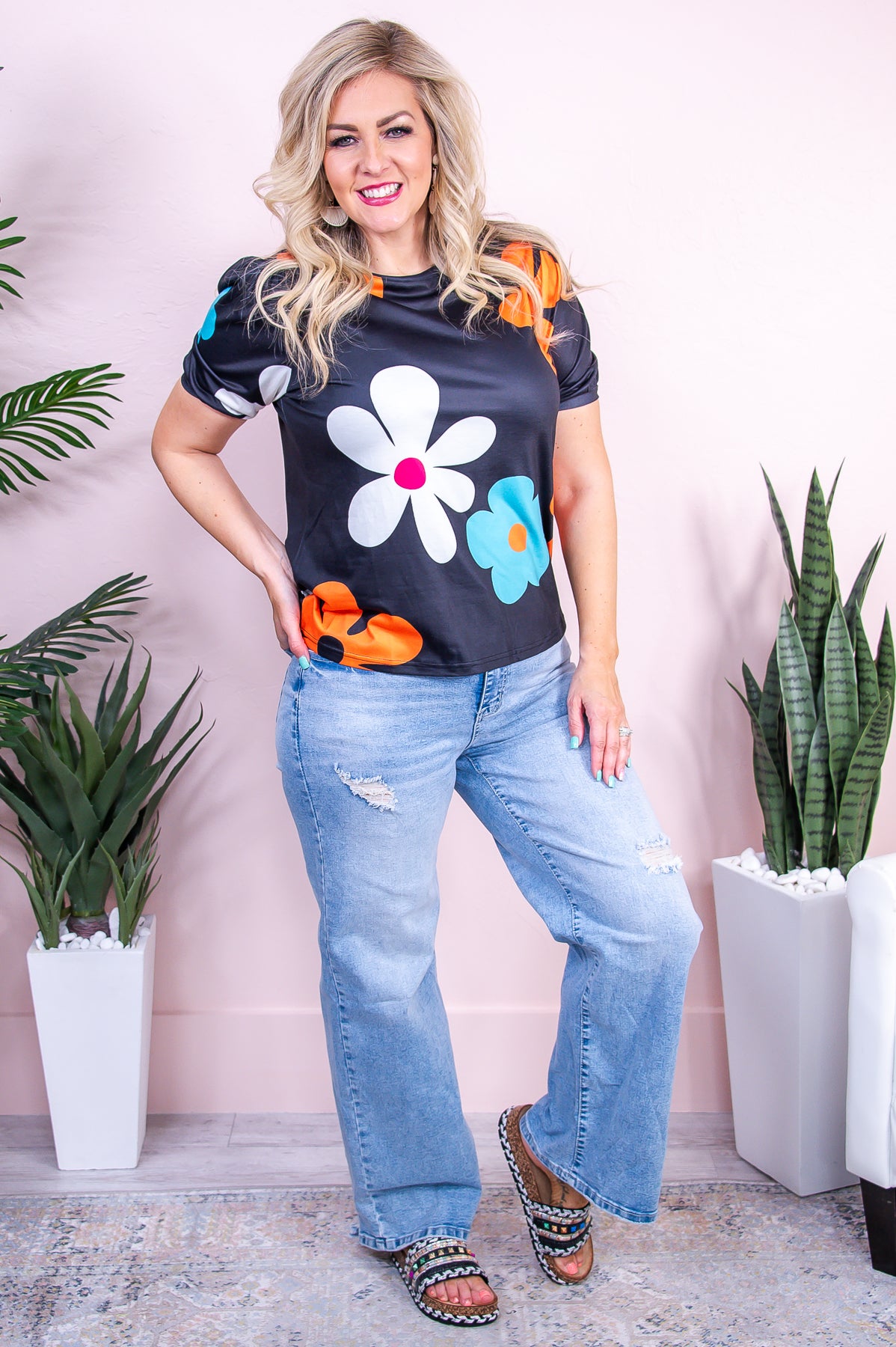 Can't Be Bested Black/Multi Color Floral Top - T9456BK