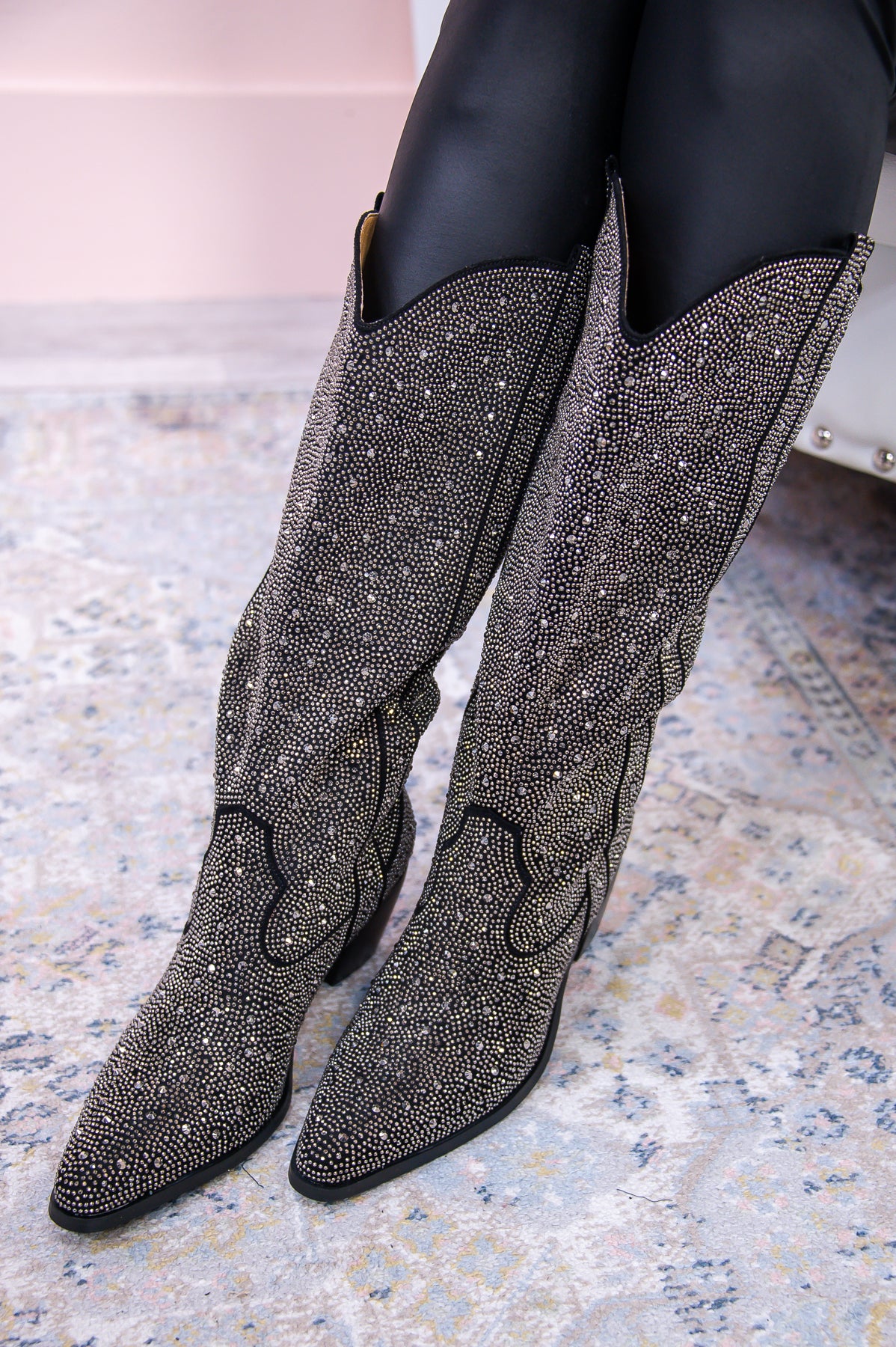 Kick Up Your Heels & Sparkle Black Studded Bling Cowgirl Boots - SHO2651BK