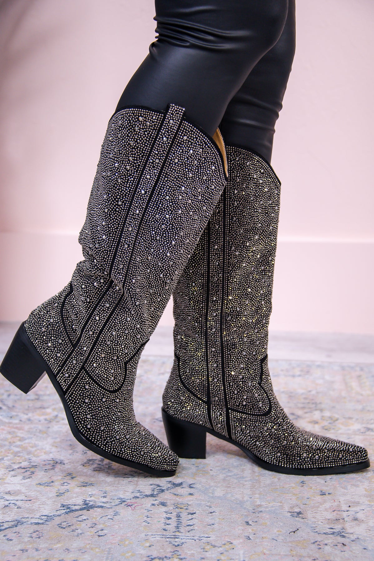 Kick Up Your Heels & Sparkle Black Studded Bling Cowgirl Boots - SHO2651BK