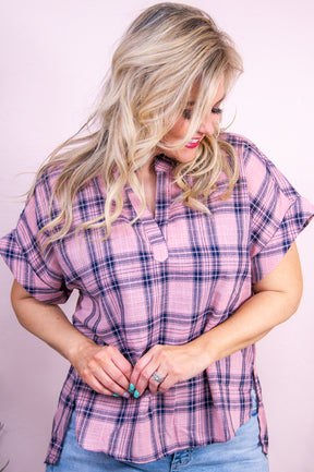 Storybook Style Pink/Navy Plaid High-Low Top - T9460PK