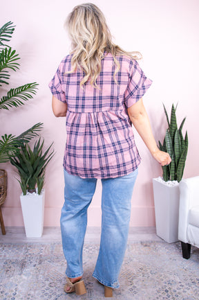 Storybook Style Pink/Navy Plaid High-Low Top - T9460PK