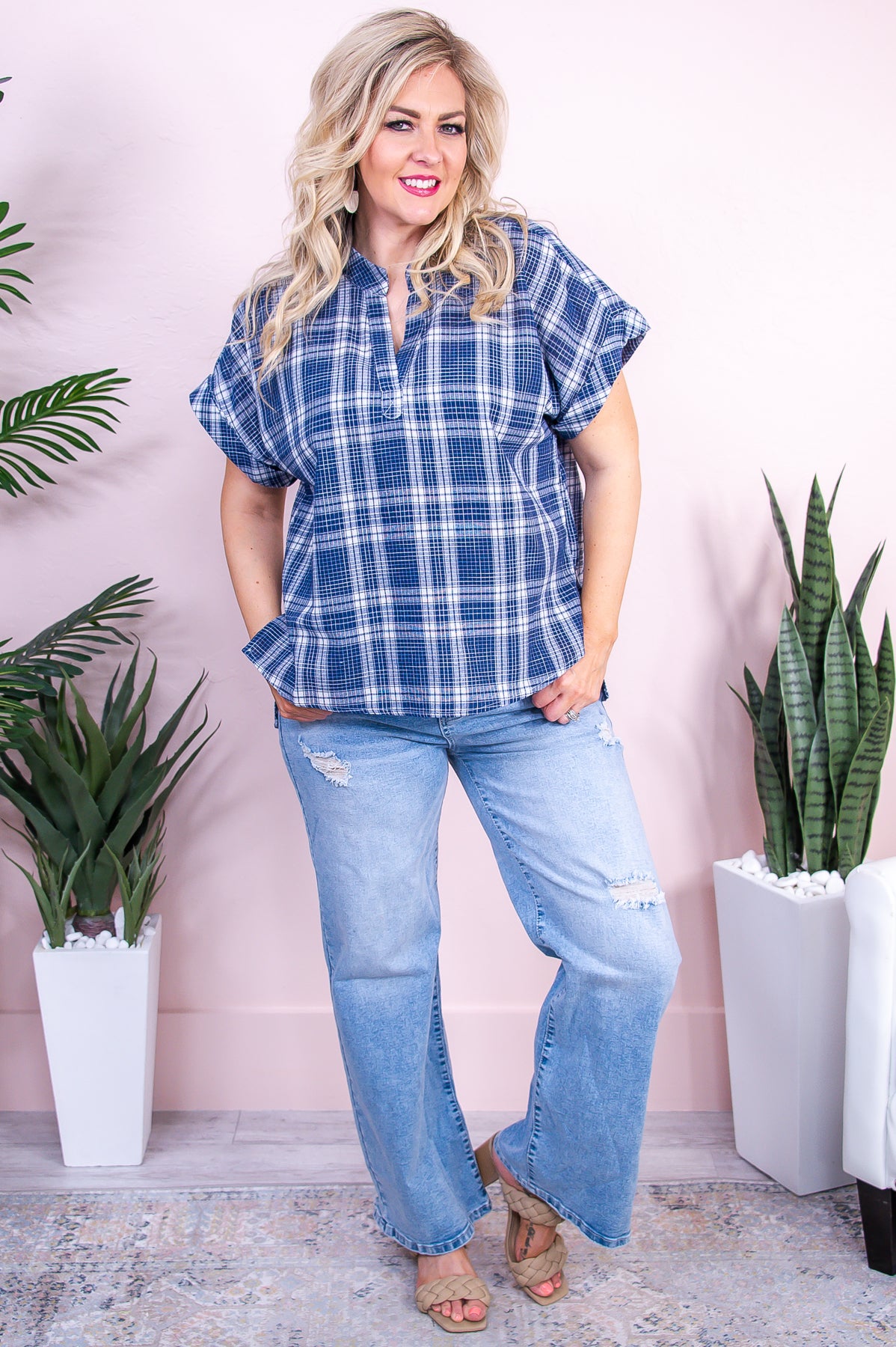 Storybook Style Navy/White Plaid High-Low Top - T9461NV